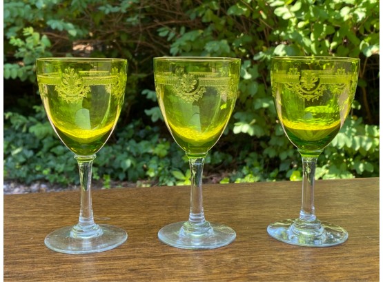 SET (3) CHARTREUSE ETCHED GLASS CORDIALS