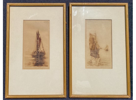 PAIR OF SIGNED SHIPS AT SEA ETCHINGS