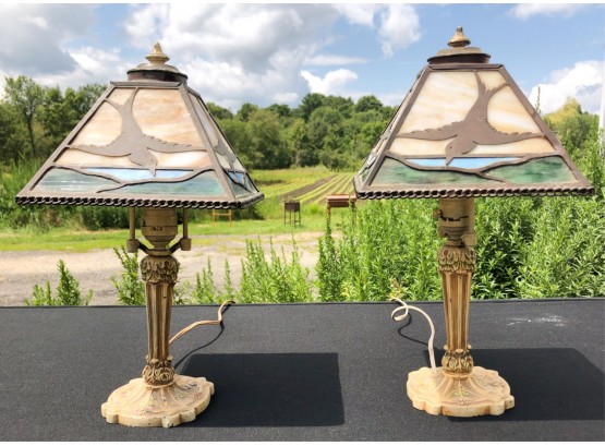 PR ARTS AND CRAFTS LEADED GLASS SHADE LAMPS