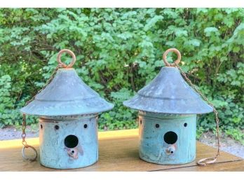 PAIR OF HANGING COPPER BIRD HOUSES