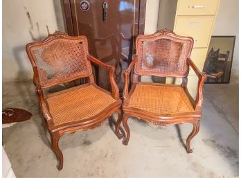 PAIR CARVED CONTINENTAL OPEN ARM CHAIRS w CANING