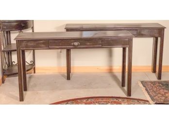 PAIR FAUX DRAWER CONSOLE TABLES w FLUTED LEGS