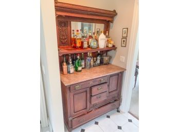 CARVED VICTORIAN MARBLE TOP BAR w MIRRORED BACK