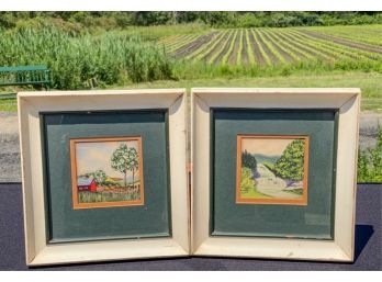 PAIR OF SIGNED FOLK ART COUNTRY WATERCOLORS