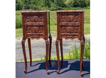 MARBLE TOP FRENCH STYLE CARVED WALNUT NIGHTSTANDS