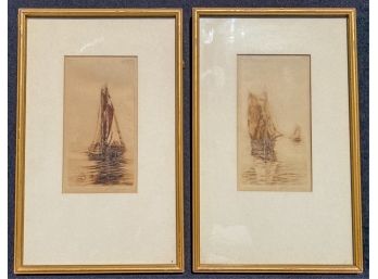 PAIR OF SIGNED SHIPS AT SEA ETCHINGS