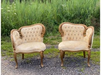 PAIR VINTAGE FRENCH TUFTED LADIES PARLOR CHAIRS