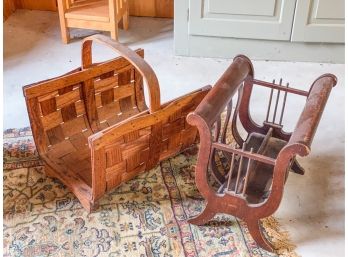 (2) MAGAZINE RACKS, LYRE FORM AND WOVEN
