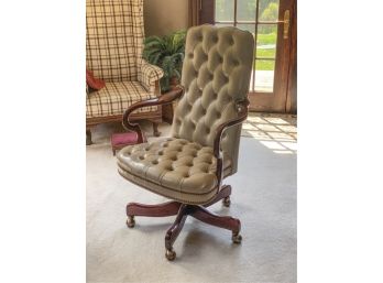 TUFTED LEATHER OFFICE CHAIR w MAHOGANY FRAME