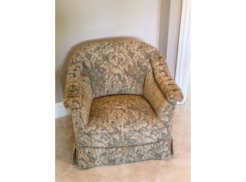 UPHOLSTERED VICTORIAN EASY CHAIR ON TURNED LEGS