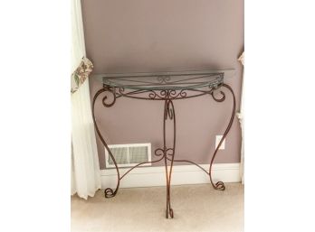 WROUGHT IRON GLASS TOP DEMI LUNE CONSOLE TABLE