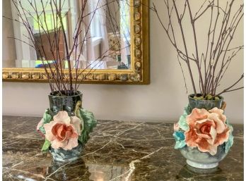 PAIR OF POTTERY VASES W APPLIED ROSE DECORATION