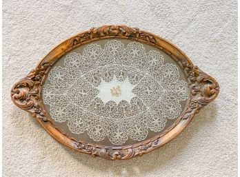 ANTIQUE GLASS TOP TRAY w FLORAL DECORATION