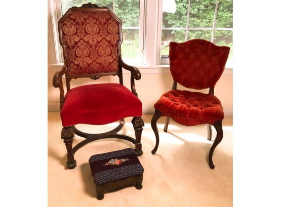 UPHOLSTERED ARM CHAIR, SLIPPER CHAIR AND STOOL