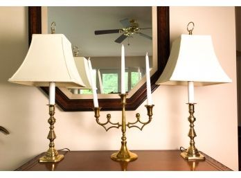 PAIR BRASS TABLE LAMPS W/ CANDELABRA
