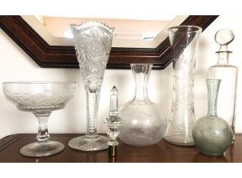 (4) GLASS VASES, DECANTER, COMPOTE AND FINIAL