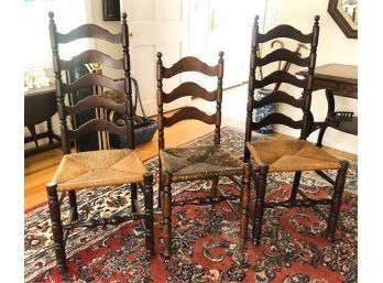 (3) ANTIQUE LADDER BACK SAUSAGE TURNED SIDE CHAIRS