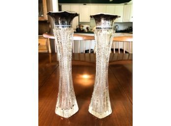 PAIR CUT GLASS VASES W/ STERLING SILVER COLLARS