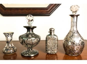 (4) GLASS VESSELS W/ SILVER OVERLAY