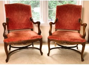 PAIR FINELY CARVED CONTINENTAL ARM CHAIRS