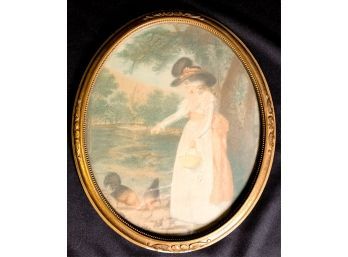 FRAMED LITHOGRAPH OF WOMAN FEEDING CHICKENS