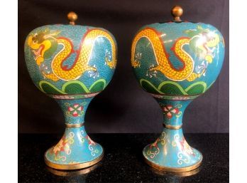 PAIR CLOISONNE COVERED URNS