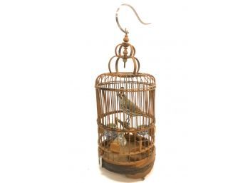 ASIAN WOODEN BIRD CAGE W/ PORCELAIN ACCESSORIES