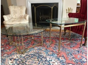 BRASS COFFEE TABLE & END TABLE W/ GLASS TOPS