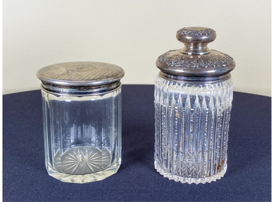 (2) CUT GLASS POWDER JARS WITH STERLING COVERS