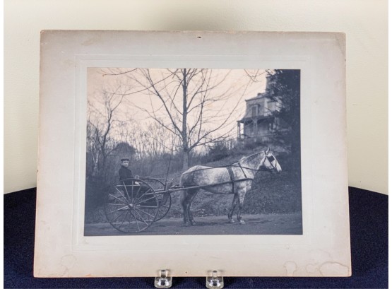 ANTIQUE MATTED PHOTOGRAPH 'BOY w HORSE & BUGGY'