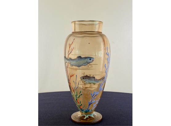 INTERESTING ENAMEL DECORATED VASE w APPLIED TROUT