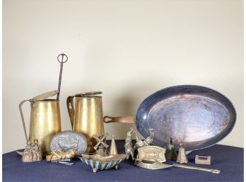 MISC GROUP OF BRASS ITEMS & COPPER/STERLING  PAN