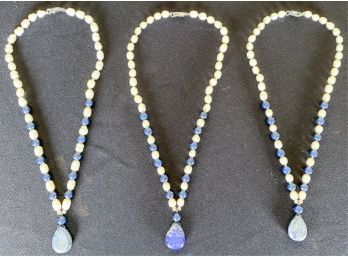 (3) MATCHING PEARL AND LAPIS NECKLACES
