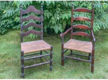 (2) SAUSAGE TURNED LADDER BACK CHAIRS w RUSH SEATS