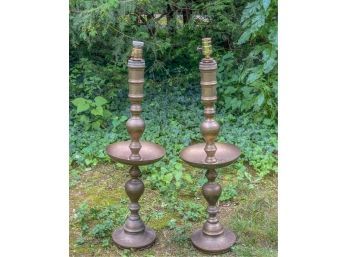 PAIR OF LARGE ETCHED BRASS BULBOUS FORM LAMPS