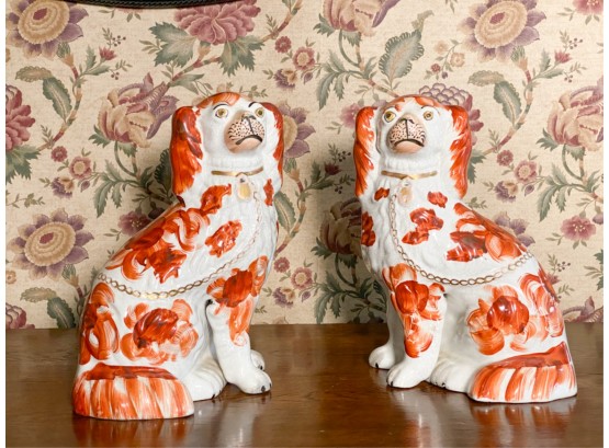 PAIR OF 19th C HAND PAINTED STAFFORDSHIRE DOGS