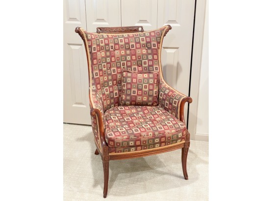 NICELY CARVED & UPHOLSTERED ARMCHAIR w FRENCH LEGS
