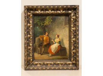 'THE COURTSHIP' ANTIQUE OIL ON BOARD