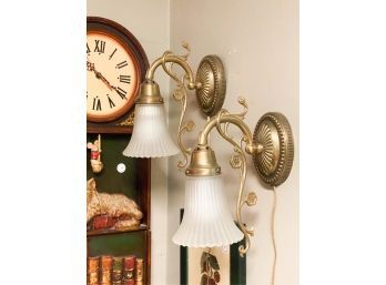 PR BRASS SCONCES w FLORAL DESIGN & FROSTED SHADES