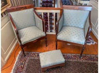 (2) SIMILAR BERGERE CHAIRS w INLAY DECORATION