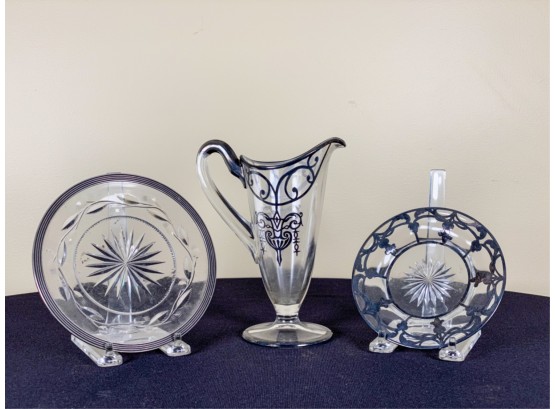 (3) PCS OF VINTAGE SILVER OVERLAY GLASS (2) DISHES (1) CREAMER