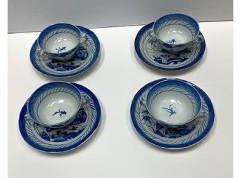 (4) BLUE AND WHITE CANTON CUPS AND SAUCERS