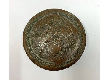 EARLY COPPER SNUFF BOX WITH DEER FROLICKING