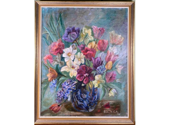 SIGNED 1940`S OIL ON CANVAS 'STILL LIFE w FLOWERS'