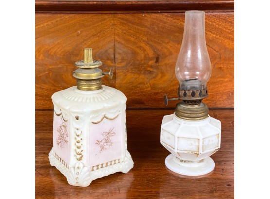 (1) MILK GLASS & (1) PAINT DECORATED OIL LAMPS