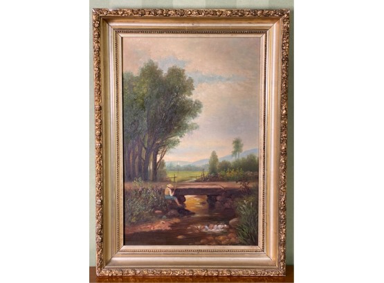 VICTORIAN OIL ON CANVAS 'FISHING BY THE BRIDGE'