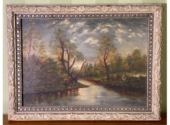 VICTORIAN OIL ON BOARD 'RIVER THROUGH THE MEADOW'