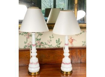 PAIR VINTAGE HAND PAINTED GLASS LAMPS