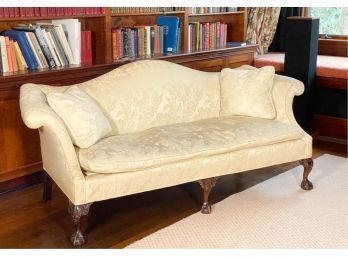 CHIPPENDALE STYLE UPHOLSTERED CAMEL BACK SOFA