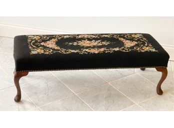 QUEEN ANN STYLE LOW BENCH w HAND DONE NEEDLEPOINT